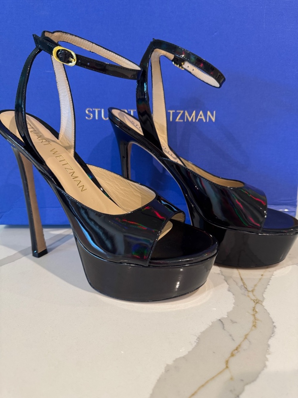 Stuart Weitzman Black Patent Platform Peep-Toe Heels 11
